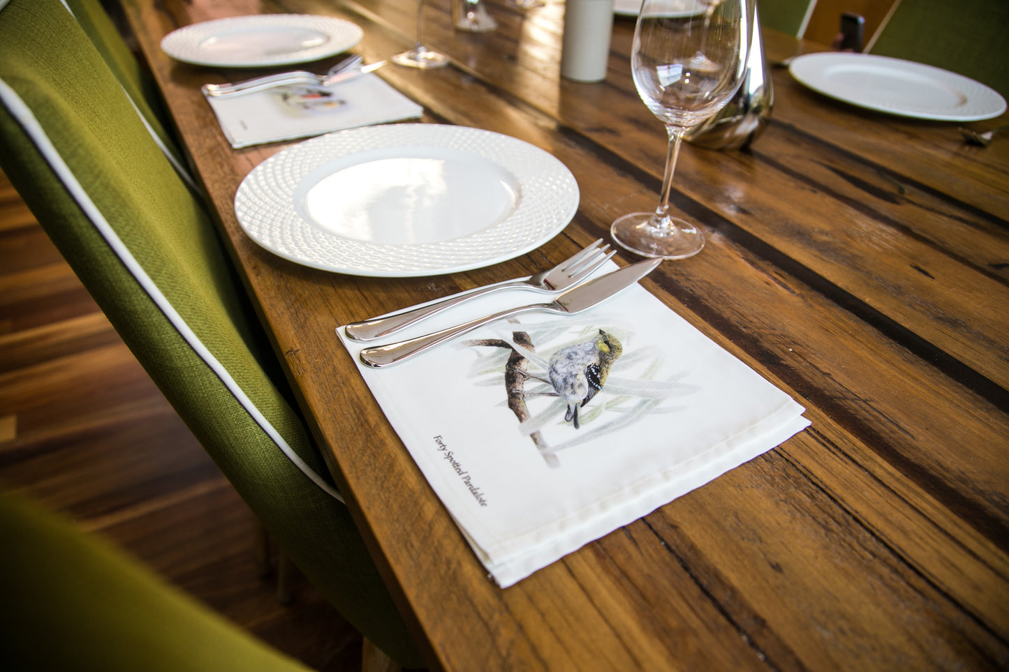 Forty Spotted Pardalote printed on a cloth serviette or napkin. Dining setting