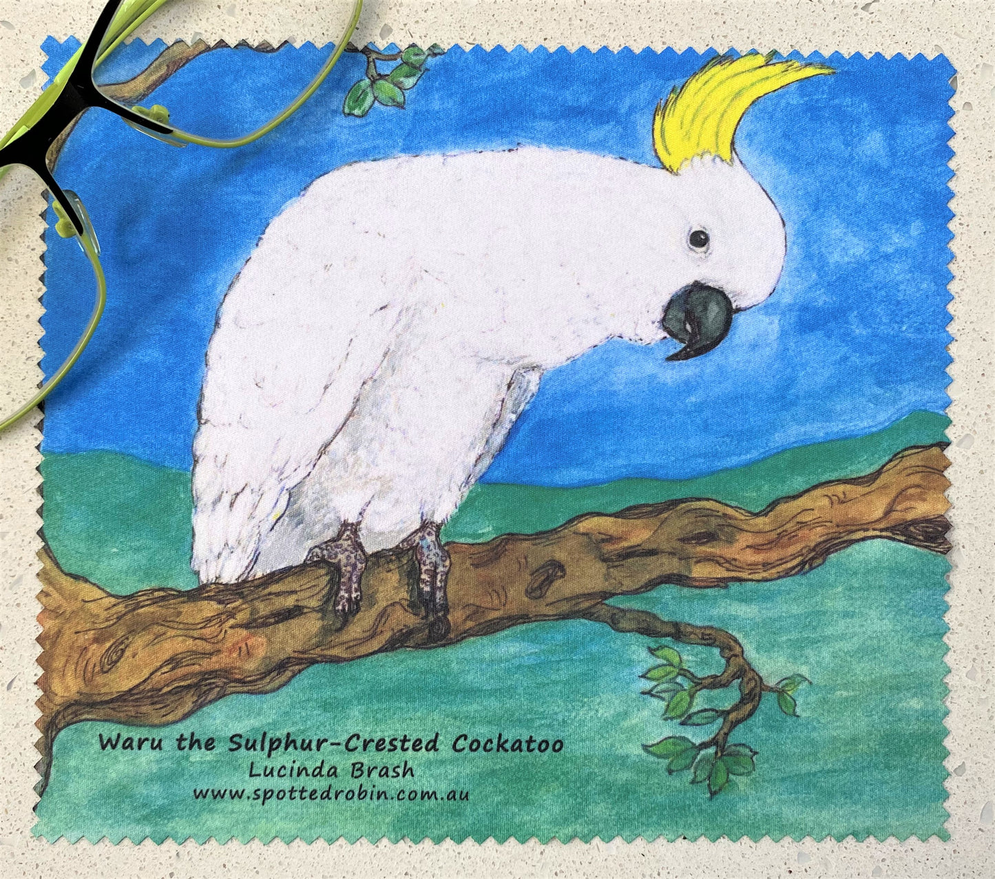 Microfibre Eyeglass Cleaning Cloth - Waru the Sulphur-crested Cockatoo