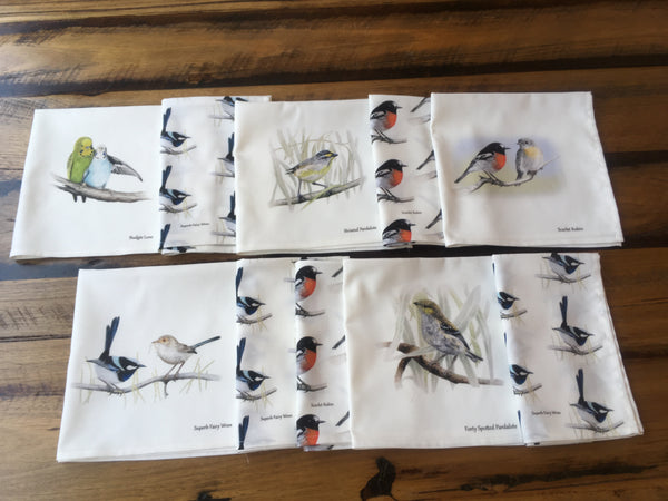 A collection of Australian wildlife printed on cloth napkins or serviettes