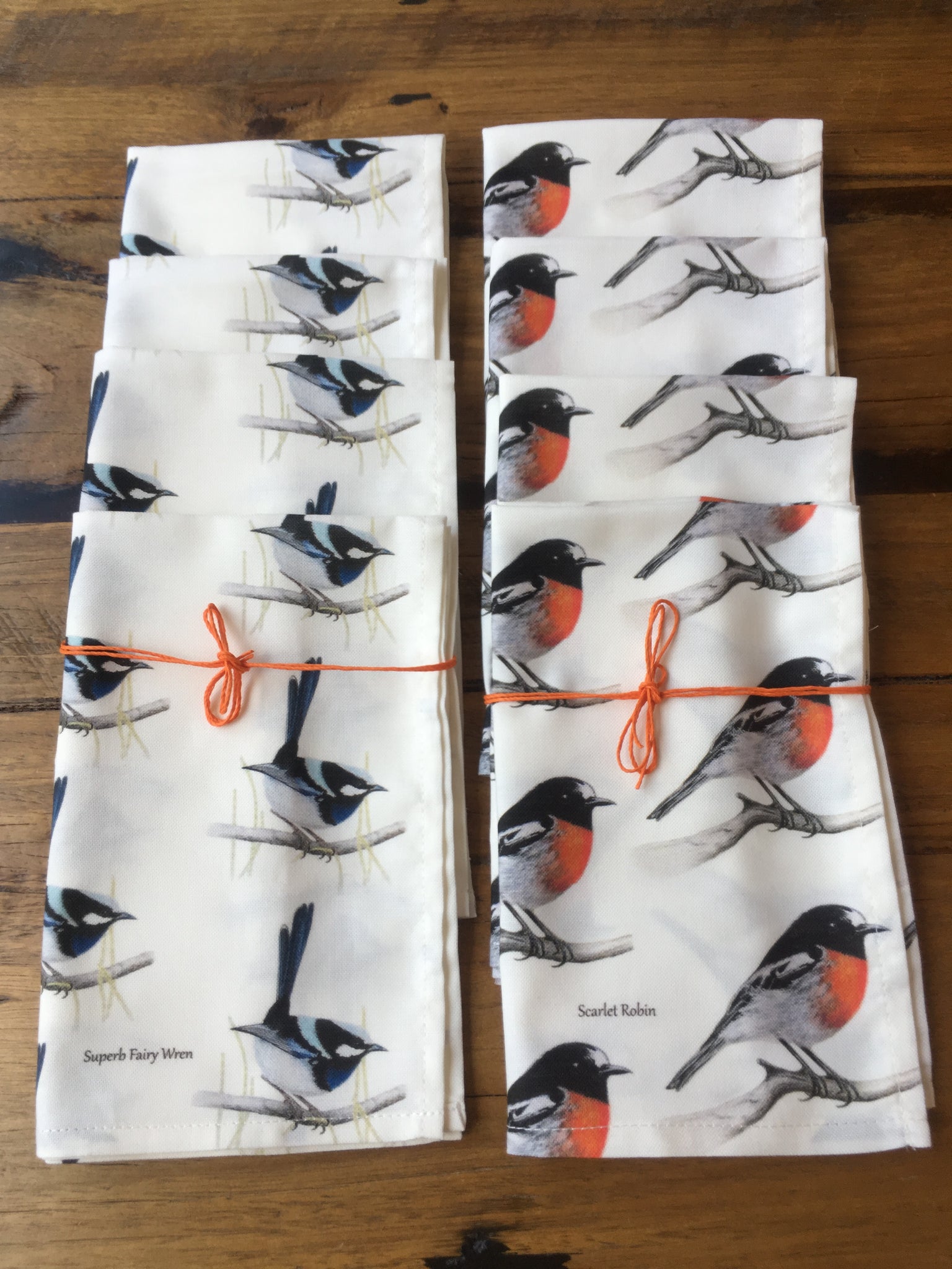 Cloth napkins and serviettes with images of a Scarlet Robin repeating and a Superb Fairy Wren repeating