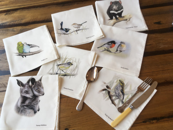 Cloth napkins and serviettes with images of Australian wildlife. Swamp Wallabies, Budgies, Superb Fairy Wrens, Tasmanian Devil, Scarlet Robin, Striated Pardalote & Forty Spotted Pardalote